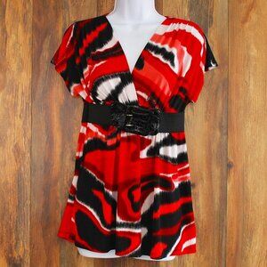Rue 21 Size Small Stretchy Blouse Belted Red Black Shirt